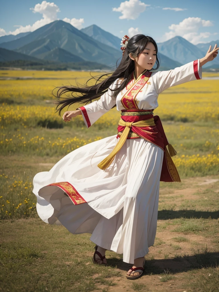 a young Asian lady. with traditional clothing. dancing on a prairie.