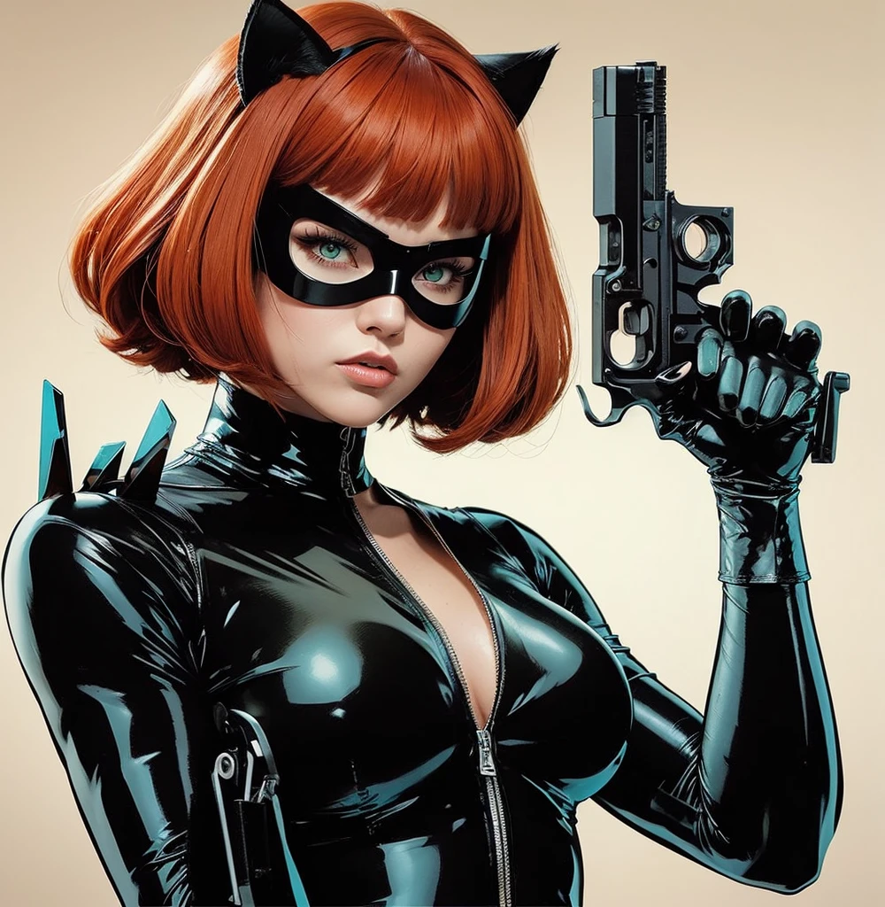 American classic comics: Agent woman, short reddish orange red hair with bangs, cat ears, tight black agent spy outfit, black hero mask, black tight leggings, neon turquoise green nails, martial arts, holding a revolver, secret espionage, black window outfit, feline nails, super secret agent, super hero classic comics.
