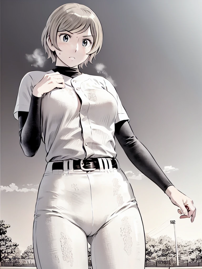 (野球uniform:1.2),
blonde, (short hair:1.2),Long sleeve, Black Shirt, turtleneck,White trousers、uniform、Black belt、((Illustration of people))、big 、Covered in mud、Soil stains、ドロドロのuniform、
View your viewers,, (Highest quality:1.3),One Girl, White pants、uniform、Outdoor、baseball ground、ground、soil、blue eyes、Tight black shirt、(masterpiece、Highest quality)、Highest quality, Ultra-high resolution, (((masterpiece))), alone, Sweat、big eyes、big Breasts、Torn clothes、 Fully exposed、Nipples、One Girl, Front view、Embarrassed face、Bronze colored hair、((short hair))、Stand up straight、Cowboy Shot