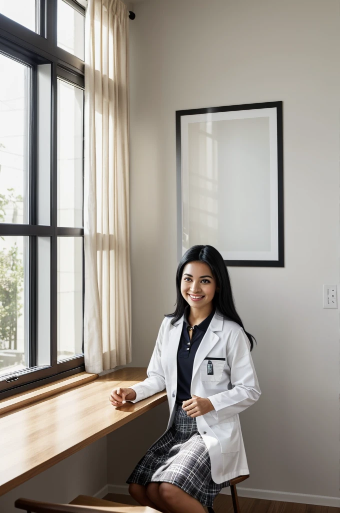 Image is a candid photograph featuring a young woman standing indoors. She has long, straight black hair and is smiling, showing her teeth with braces. Her skin tone is light to medium. She is wearing a white lab coat over a white polo shirt and a plaid skirt. The woman is making a peace sign with both hands. The background includes a light-colored wall with a power outlet and a window at the top, allowing natural light to enter. There is also a dark-colored partition on the right side of the image. In the foreground, part of a gray chair and some papers are visible.she is mexican so she has a bit of big eyebrows