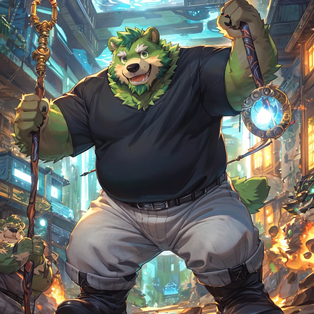 anthro, kemono, male, solo, ((round face, very plump face, thick beard)), (((dark beard))), ((endomorph body type, old-aged, mature)), ((green bear, bear) fluffy fur, fluffy), (high quality, highres, masterpiece), (dynamic lighting, vivid color), (generous smile), (face focus), front view (close up), cartoon, (((green bear))), (((green fur))), green hair, beard, white eyebrows, bald, red eyes, tall, (((hold metal staff, black t-shirt inside, white long coat unhood, gray trousers, boots))) by zixiong, by takemoto arashi, by zixiong, (by null-ghost:0.8), (by t.y.stars:0.4),