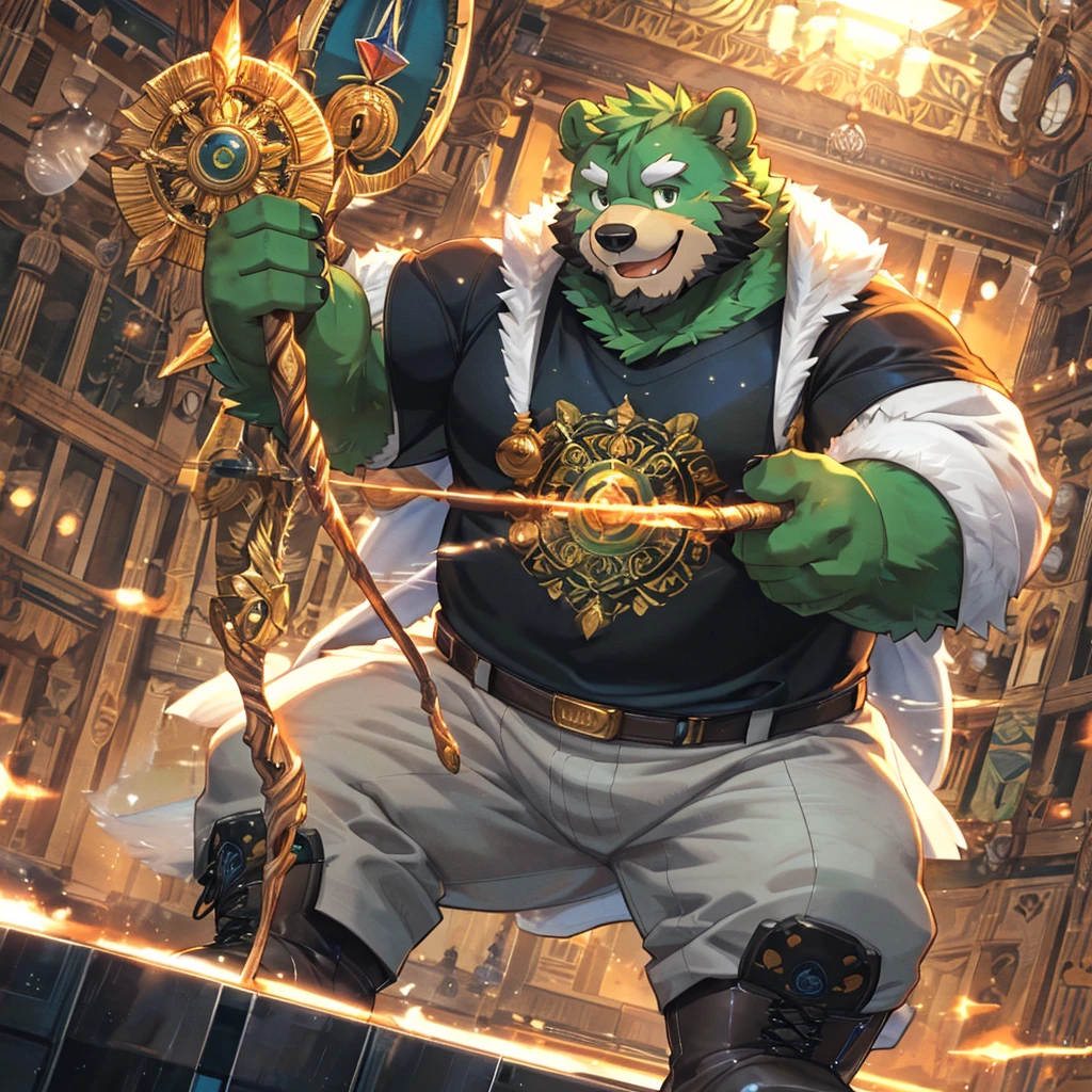 anthro, kemono, male, solo, ((round face, very plump face, thick beard)), (((dark beard))), ((endomorph body type, old-aged, mature)), ((green bear, bear) fluffy fur, fluffy), (high quality, highres, masterpiece), (dynamic lighting, vivid color), (generous smile), (face focus), front view (close up), cartoon, (((green bear))), (((green fur))), green hair, beard, white eyebrows, bald, red eyes, tall, (((hold metal staff, black t-shirt inside, white long coat unhood, gray trousers, boots))) by zixiong, by takemoto arashi, by zixiong, (by null-ghost:0.8), (by t.y.stars:0.4),