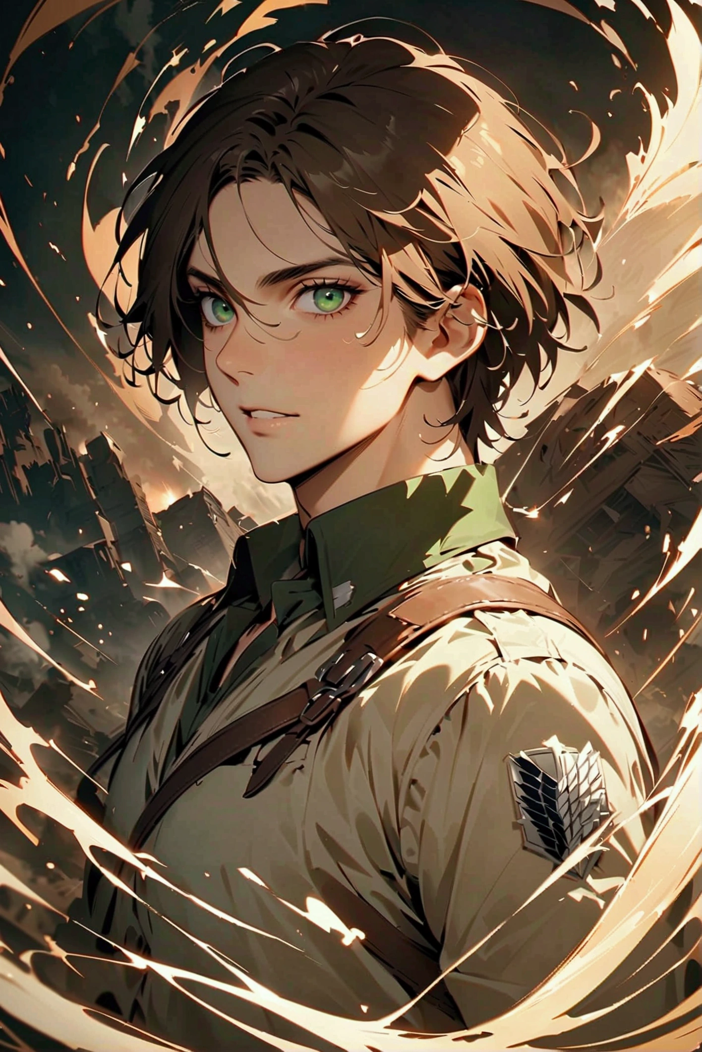 Handsome man in his 20s with long brown hair(1 male,Ellen Yeager)Green Eyes,Attack on Titan,(masterpiece:1.3),(Highest quality:1.4),(Very detailedな:1.5),High resolution,Very detailed,unity 8k wallpaper,Decadent,Achieve smooth design