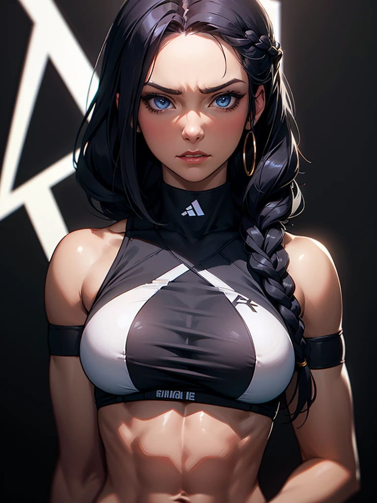 ((Portrait Photo)), She has a Relaxed, Black-Haired Appearance, with Dark Skin and a Strong, Muscular Build. She Expresses an Indifferent and Calm Look, Giving Off a Composed and Unfazed Attitude. She has Deep Blue Eyes, and Her Hair is Long and Dark, with Braided Strands Falling Over Her Forehead. She Wears an Oversized, Loose White Sports Sweatshirt, Cut Below the Chest, Revealing Her Midriff. ((Portrait Photo, HDR, Dark Background))