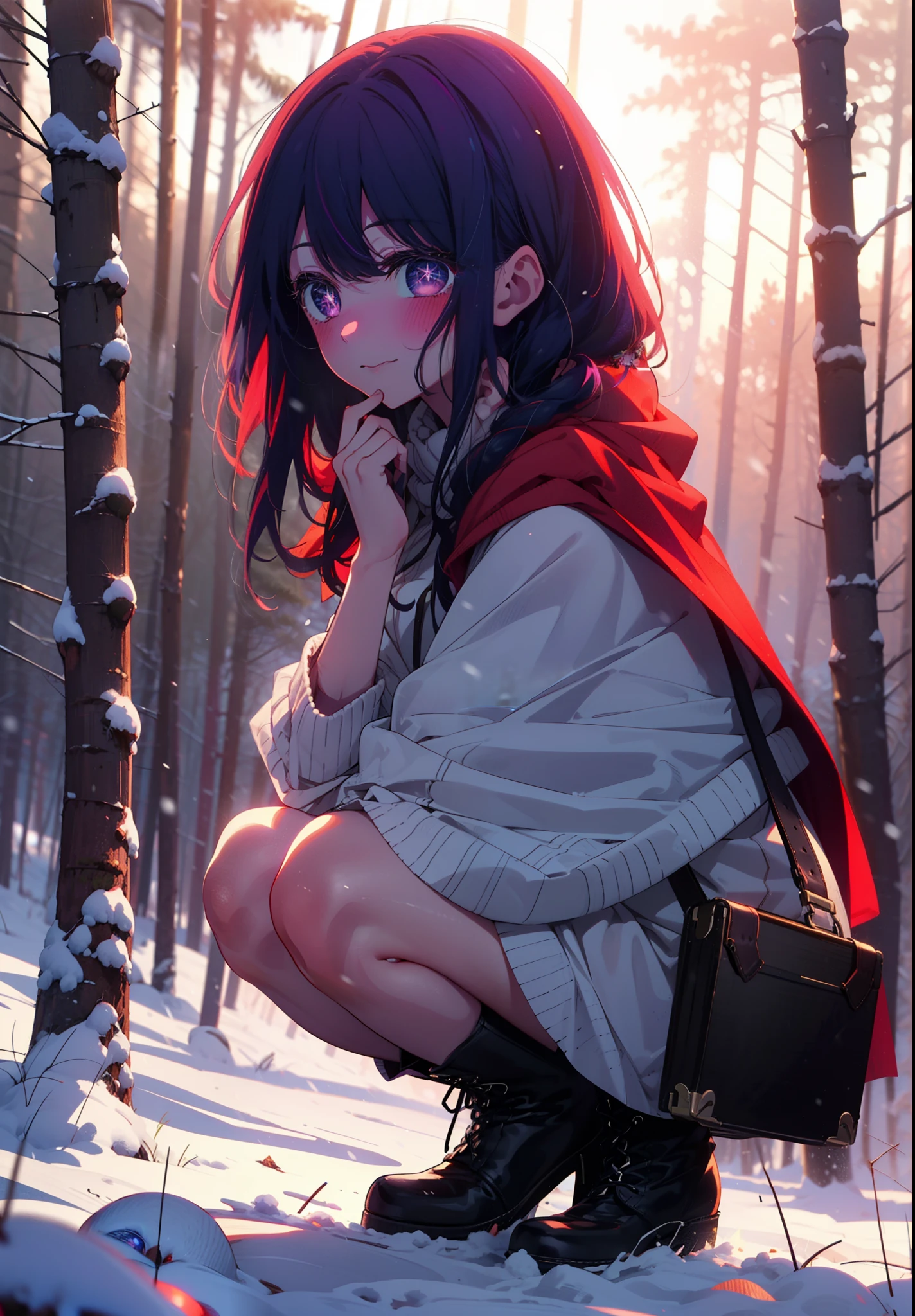 aihoshino, Ai Hoshino, Long Hair, bangs, (Purple eyes:1.1), Purple Hair, (Symbol-shaped pupil:1.5), smile,,smile,blush,White Breath,
Open your mouth,snow,Ground bonfire, Outdoor, boots, snowing, From the side, wood, suitcase, Cape, Blurred, , forest, White handbag, nature,  Squat, Mouth closed, Cape, winter, Written boundary depth, Black shoes, red Cape break looking at viewer, Upper Body, whole body, break Outdoor, forest, nature, break (masterpiece:1.2), Highest quality, High resolution, unity 8k wallpaper, (shape:0.8), (Beautiful and beautiful eyes:1.6), Highly detailed face, Perfect lighting, Highly detailed CG, (Perfect hands, Perfect Anatomy),