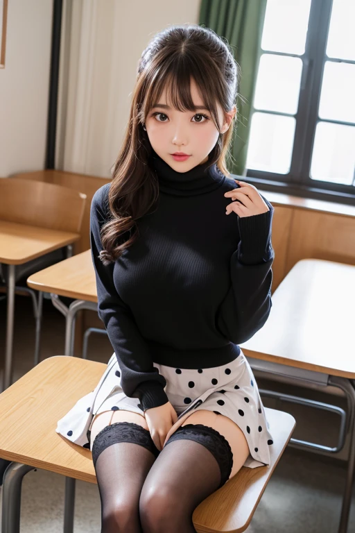 Highest quality、8K、Elementary school girl、Big Breasts、、Sit at a desk、Spread your legs、Turtleneck sweater、Knee Up、Spread your legs, mini skirt、Sexy pose、Cucumber between thighs、Thigh fetish、Polka dot underwear、Black Stockings