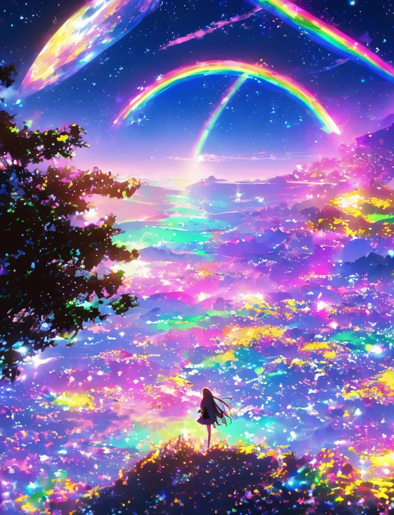 ((The pale yellow moon of a supergiant star))((A girl who looks up at her profile and is subjectively depicted))、((Crying girl))、Profile girls、On a multicolored background、Painting of a river with stars and moon in a rainbow sky、Shining skyscrapers、Shine overall、Concept art inspired by Tosa Mitsuoki、pixiv contest winners、Highest quality、Fantasy art、Beautiful anime scene、Bright Moon、Moonlight Star Environment、Dream painting、Anime Background Art、Fantasy Landscape Painting、Fantasy Knight、Anime Background、Background artwork、wonderful芸術、Atmospheric anime、Starry Sky、details enhanced、, Vibrant colors, Rainbow and sunshine shining.16K, Ultra-high resolution, Shining in rainbow colors、to be born,wonderful ,future、Iridescent、The world 30 years from now。