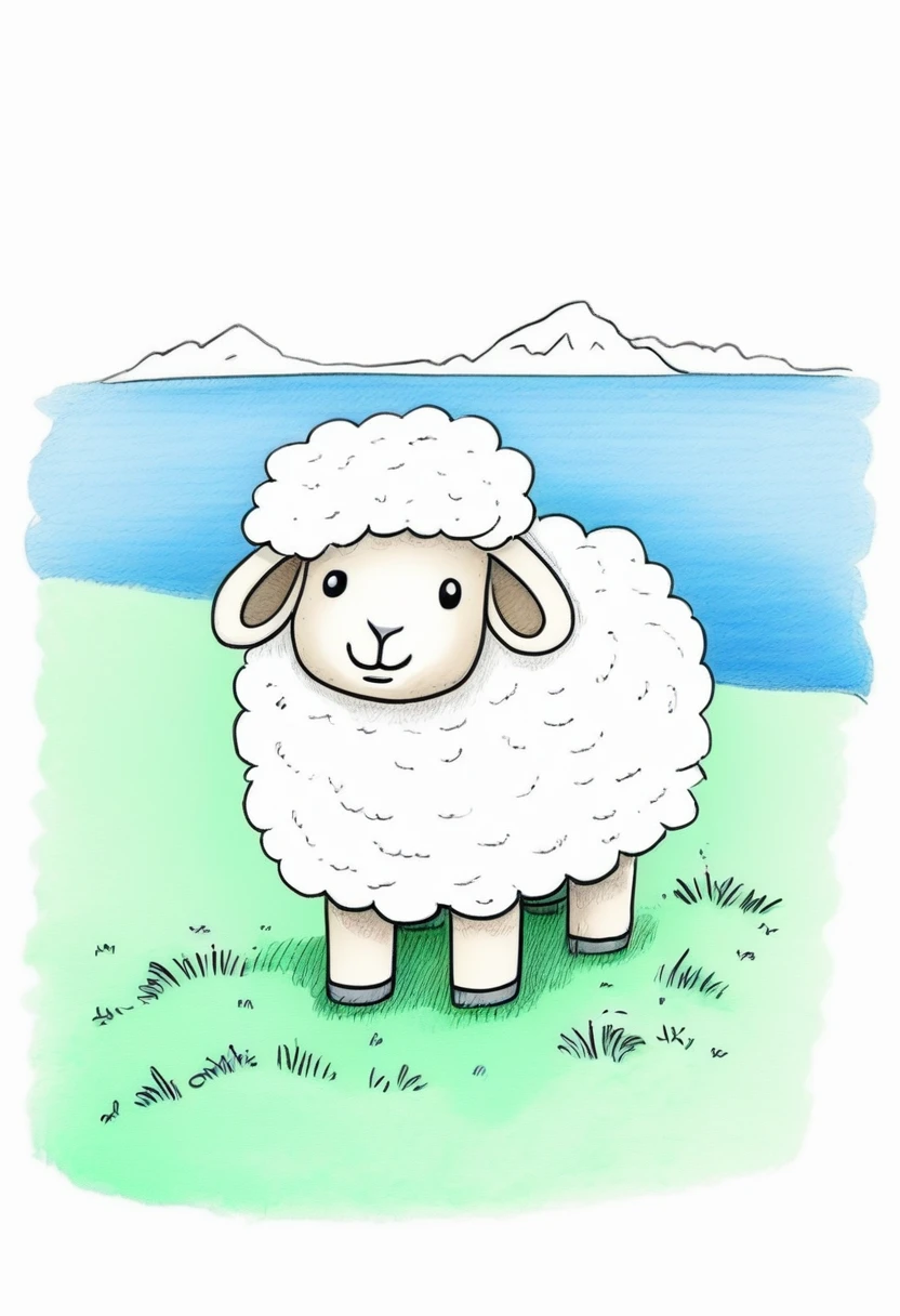 low quality, Children's Drawings, solo, cute, Sheep-like, (fluffy), (stuffed), blue, smiling, landscape, swim, White background