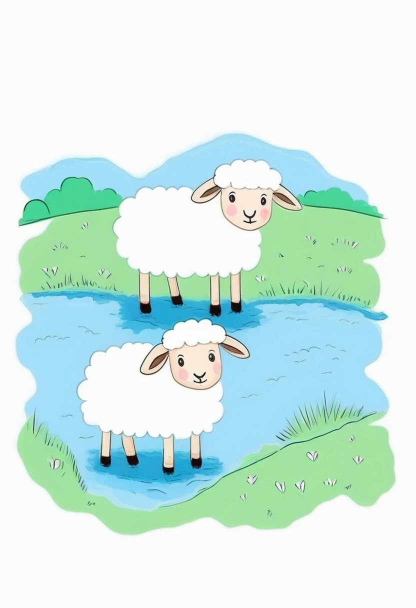 low quality, Children's Drawings, solo, cute, Sheep-like, (fluffy), (stuffed), blue, smiling, landscape, swim, White background