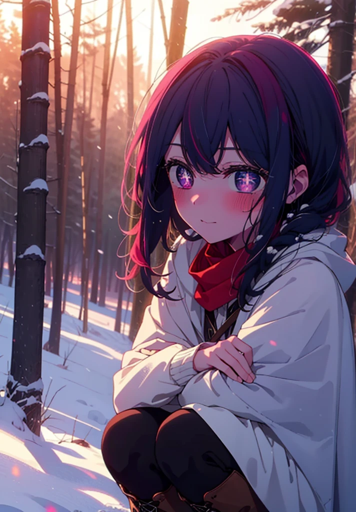 aihoshino, Ai Hoshino, Long Hair, bangs, (Purple eyes:1.1), Purple Hair, (Symbol-shaped pupil:1.5), smile,,smile,blush,White Breath,
Open your mouth,snow,Ground bonfire, Outdoor, boots, snowing, From the side, wood, suitcase, Cape, Blurred, , forest, White handbag, nature,  Squat, Mouth closed, Cape, winter, Written boundary depth, Black shoes, red Cape break looking at viewer, Upper Body, whole body, break Outdoor, forest, nature, break (masterpiece:1.2), Highest quality, High resolution, unity 8k wallpaper, (shape:0.8), (Beautiful and beautiful eyes:1.6), Highly detailed face, Perfect lighting, Highly detailed CG, (Perfect hands, Perfect Anatomy),