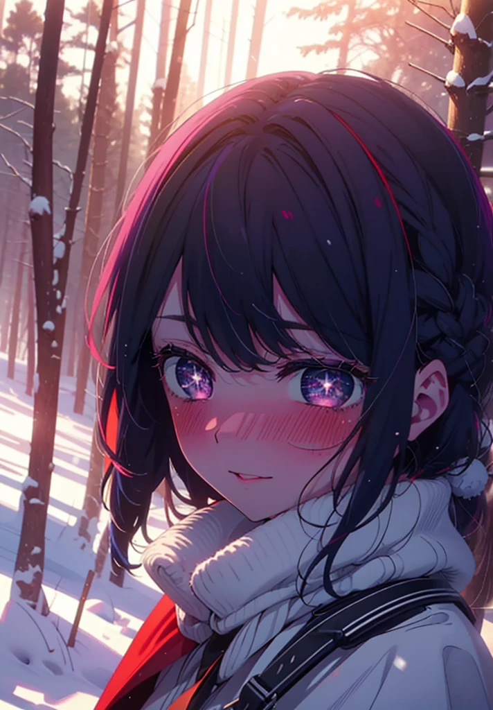 aihoshino, Ai Hoshino, Long Hair, bangs, (Purple eyes:1.1), Purple Hair, (Symbol-shaped pupil:1.5), smile,,smile,blush,White Breath,
Open your mouth,snow,Ground bonfire, Outdoor, boots, snowing, From the side, wood, suitcase, Cape, Blurred, , forest, White handbag, nature,  Squat, Mouth closed, Cape, winter, Written boundary depth, Black shoes, red Cape break looking at viewer, Upper Body, whole body, break Outdoor, forest, nature, break (masterpiece:1.2), Highest quality, High resolution, unity 8k wallpaper, (shape:0.8), (Beautiful and beautiful eyes:1.6), Highly detailed face, Perfect lighting, Highly detailed CG, (Perfect hands, Perfect Anatomy),