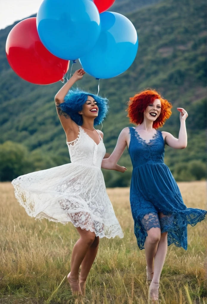 1 Beautiful biracial blue hair woman with another 1 beautiful red head woman, dancing, full body, lace dress, in large valley, lot of ballons float around,