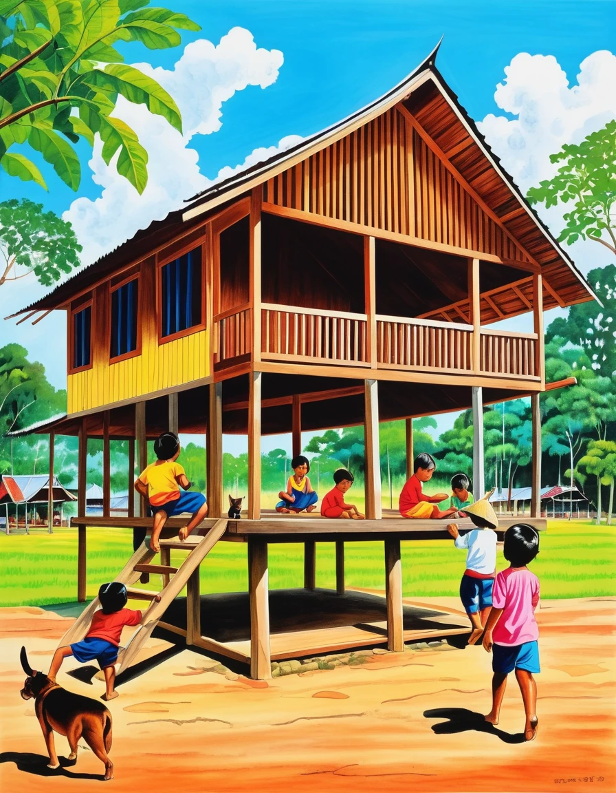 It is a drawing of a one-story teak house in Thailand. Children are playing. Villagers are working There are pets, colorful pictures.