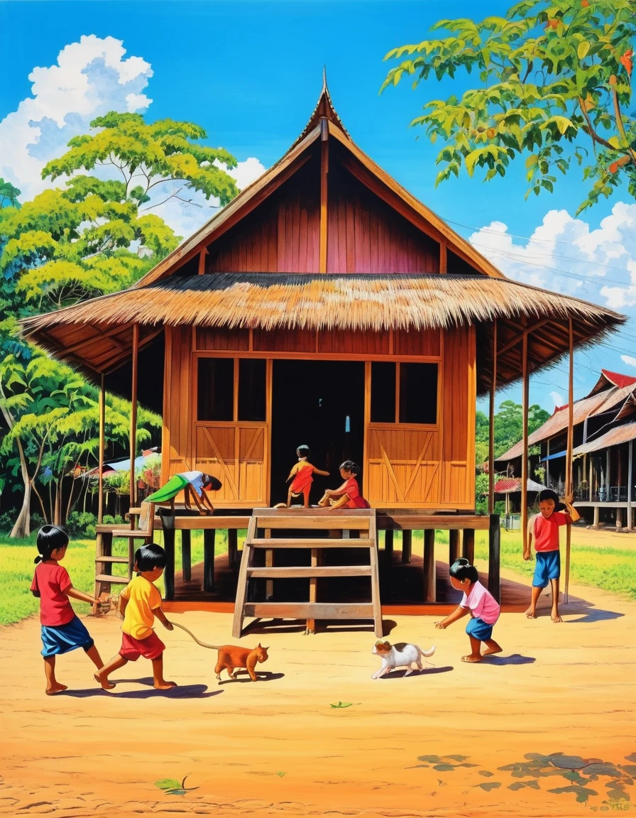 It is a drawing of a one-story teak house in Thailand. Children are playing. Villagers are working There are pets, colorful pictures.