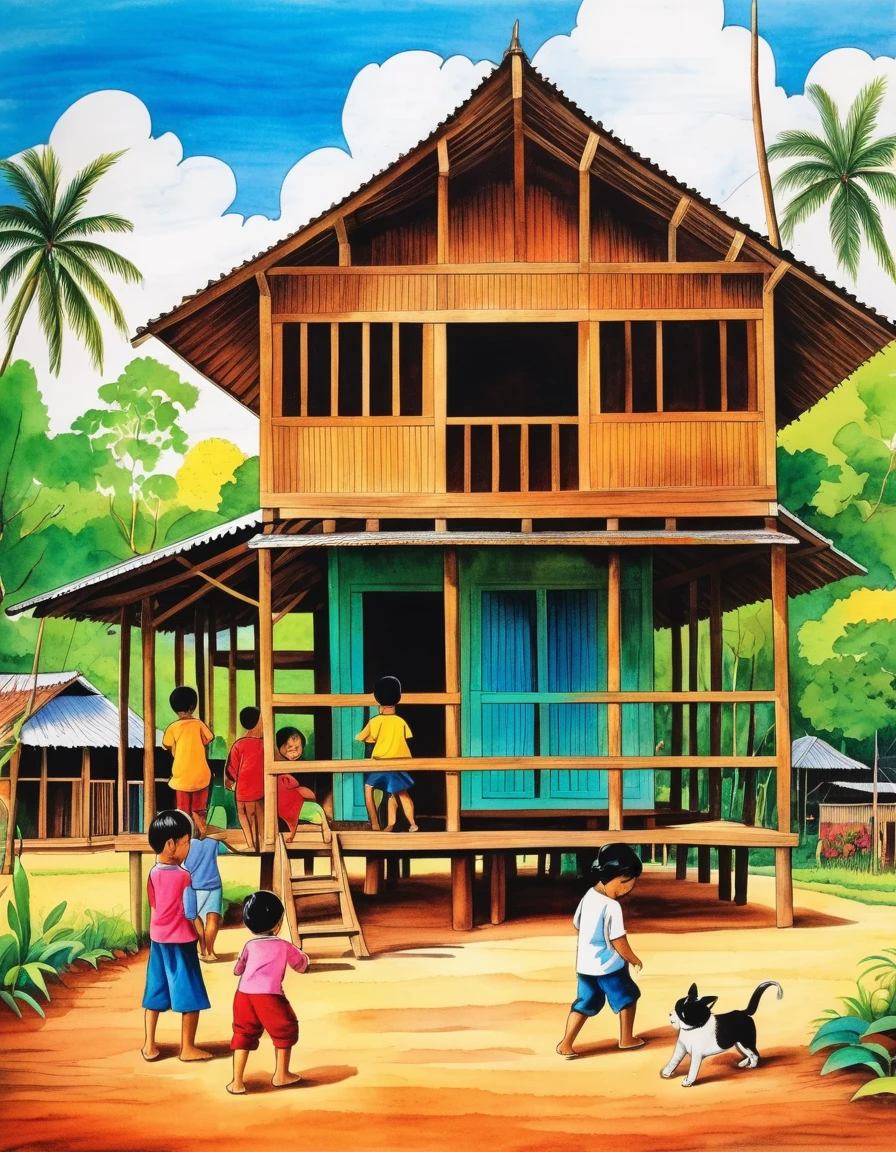 It is a drawing of a one-story teak house in Thailand. Children are playing. Villagers are working There are pets, colorful pictures.