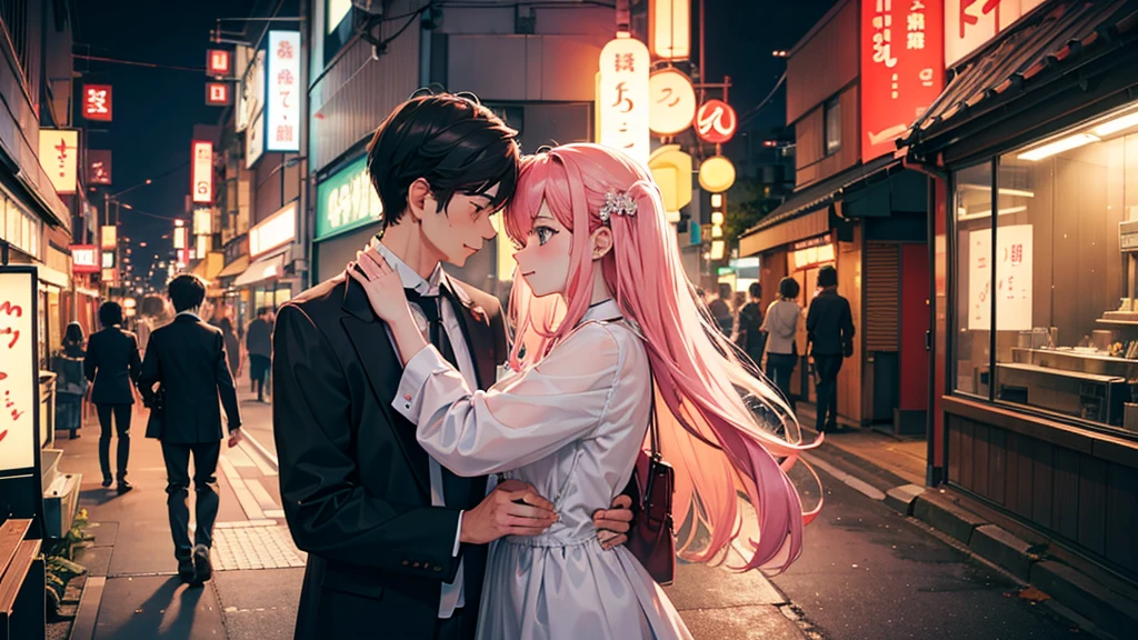 Young, submissive, pink aesthetic, AI anime girl's thighs, short, white and pink, lingerie maid skirt, stockings, garters, fishnets. Older, dominant, dark and edgy vibe, tall, muscular man cuddling her. 1girl, 1 guy. 
