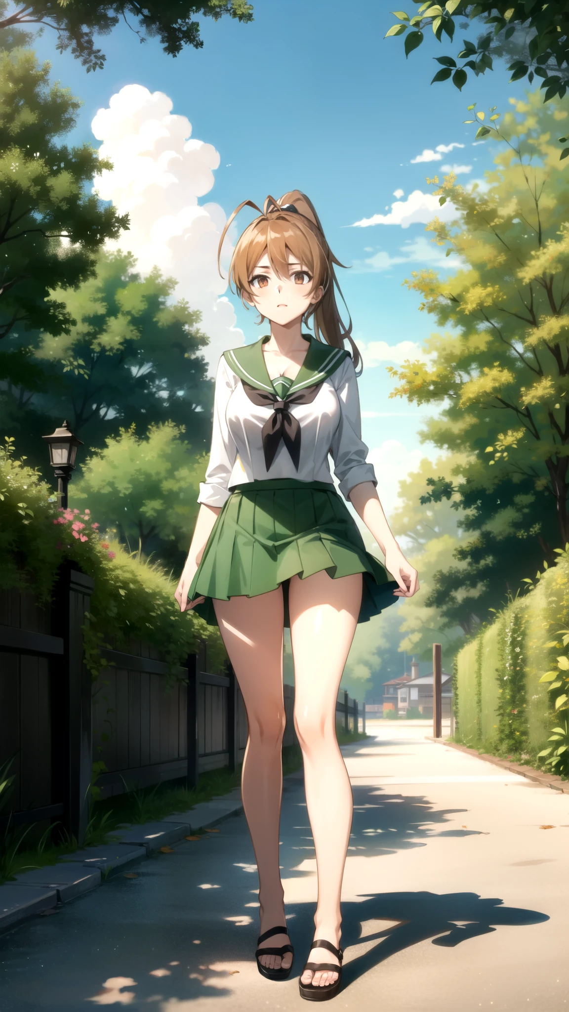cleavage, tall body, tall, long legs, mature female, mature, adult, outdoors, park, garden, lake, sunshine, sunlight, bright, greenery
eft_hotd_orange, 1girl, solo, brown hair, brown eyes, , skirt, antenna hair, breasts, large breasts, ponytail, long hair, cleavage, green skirt, serafuku