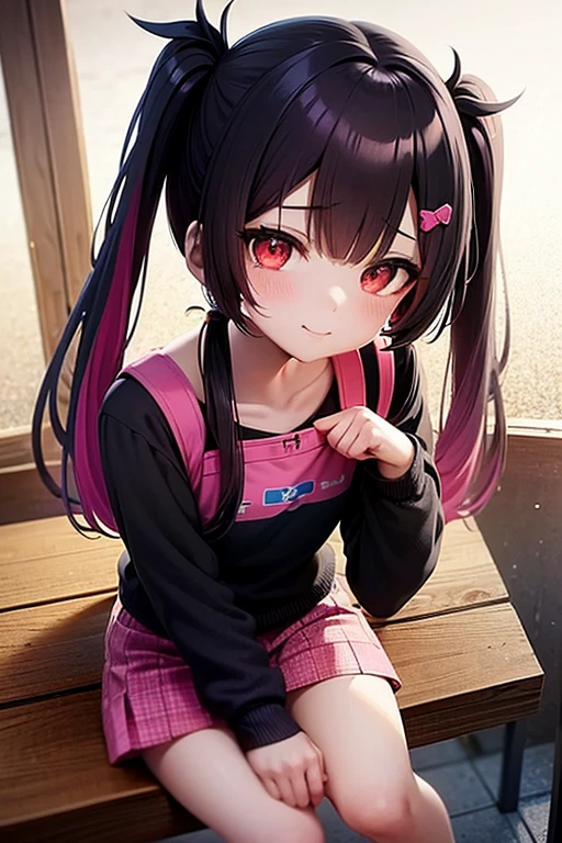 an anime girl with red eyes, hair in black pigtails with pink highlights with a small hair bow with small blue and yellow cubes decorated on the bow, on the right side of the head. She wears a pink kimomo. She is sitting at a table, while with a slight smile he looked