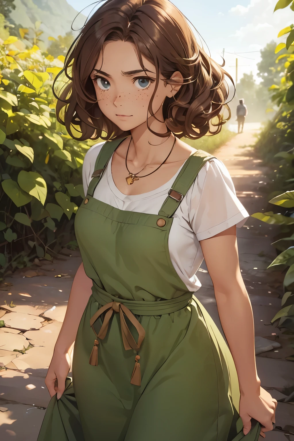 Rebeca is a muscular, medium-height human, with light brown hair that with soft curls to the shoulders. His eyes are the color of honey, reflecting determination. She has fair skin, Marked by soft freckles that give her a youthful look.
Wearing simple, practical clothes, light brown fabric shirt and pants and leather boots suitable for hunting in the woods, with a bow and arrow hanging from his back Around his neck, Rebeca carries a simple necklace with a small green stone