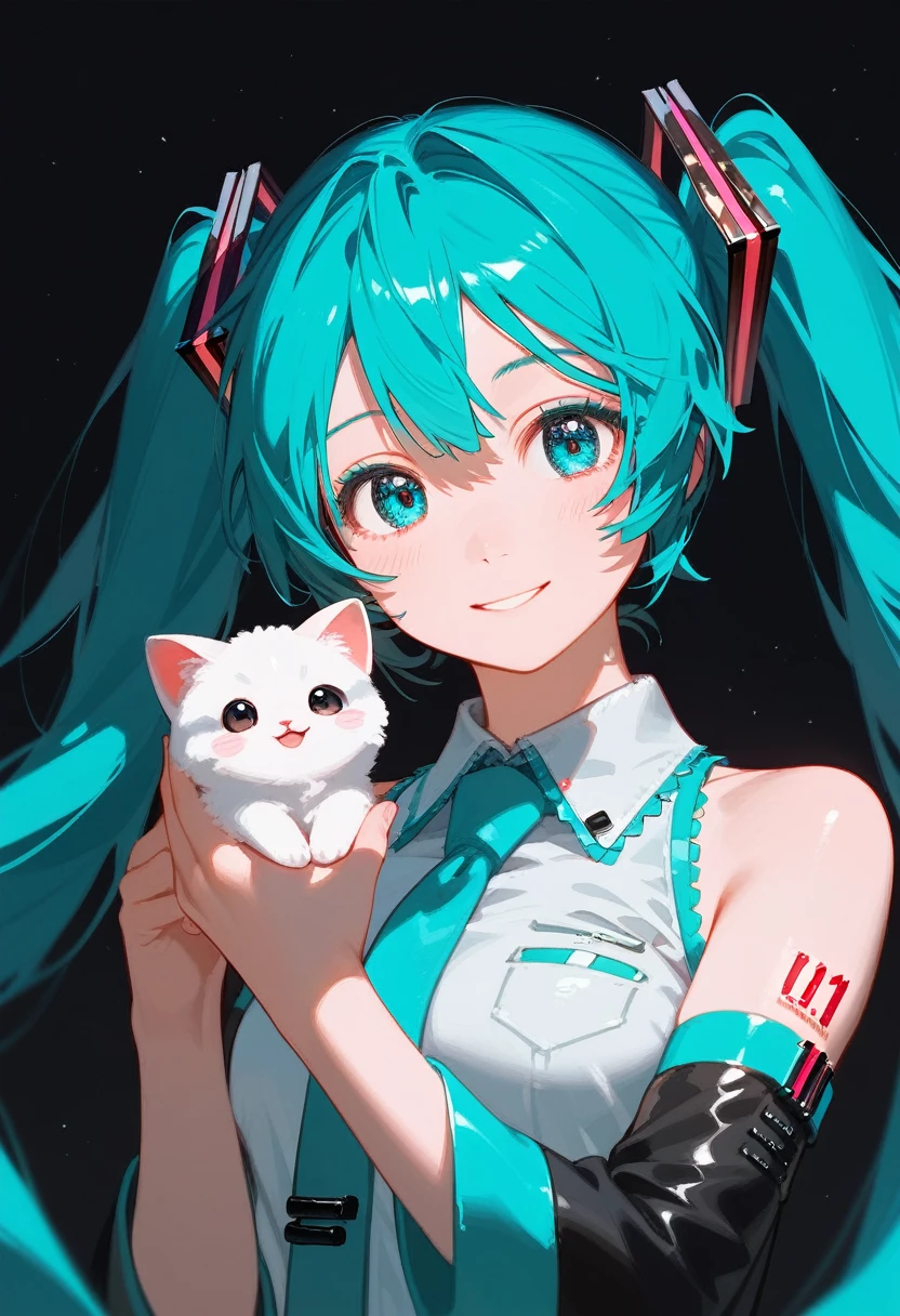 (best quality, masterpiece1.2), detailed,1girl, solo,looking at viewer,simple background, , uwu, curvy, upper body, close-up standing ,smile ,detailed eyes , detailed face,realistic, adorable face , cute, hatsune miku, log eyelashes, elbow hand out of frame,