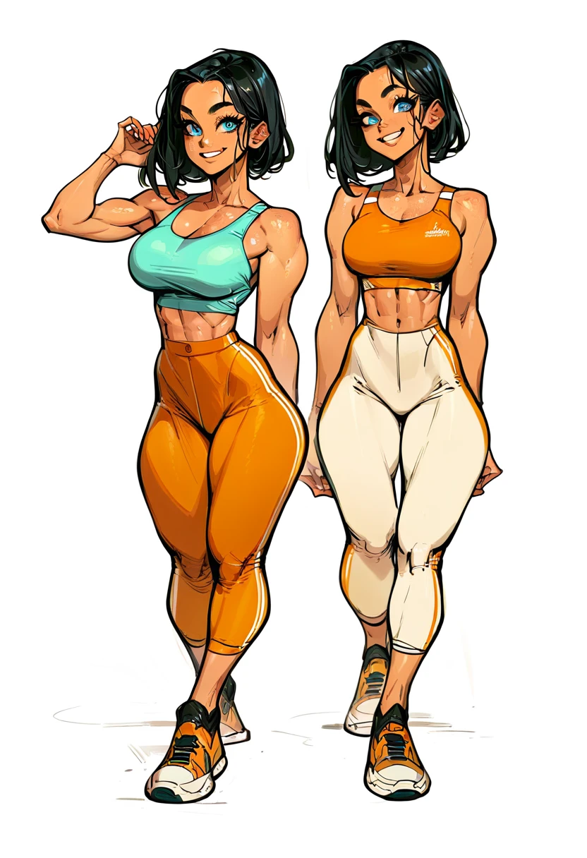 Score_9, Score_8_up, Score_7_up, 1 girl, black hair, blue eyes, curvy figure, smile, blue tank top, orange yoga pants, belly button, big bust, sneakers, standing, simple background, White background,