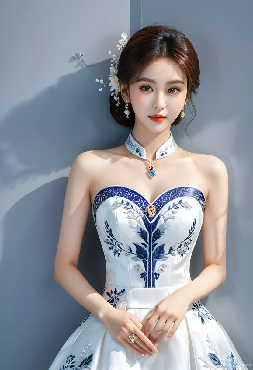 Realistic photo style, whole body 사진에 아름다운 아시아 소녀가 등장합니다., Wearing a unique ethnic style evening gown with delicate skin., bright and lively eyes, Thick eyelashes that look especially attractive. Long dresses are slim and elegant., Eye-catching silver jewelry and alcohol. The high-collar design adds an elegant atmosphere., Color of blue and white porcelain. using light and shadow, The vivid and harmonious appearance of the protagonist is highlighted... whole body, (masterpiece, best quality, professional, perfect composition, very aesthetic, absurd, very detailed, intricate details:1.3)