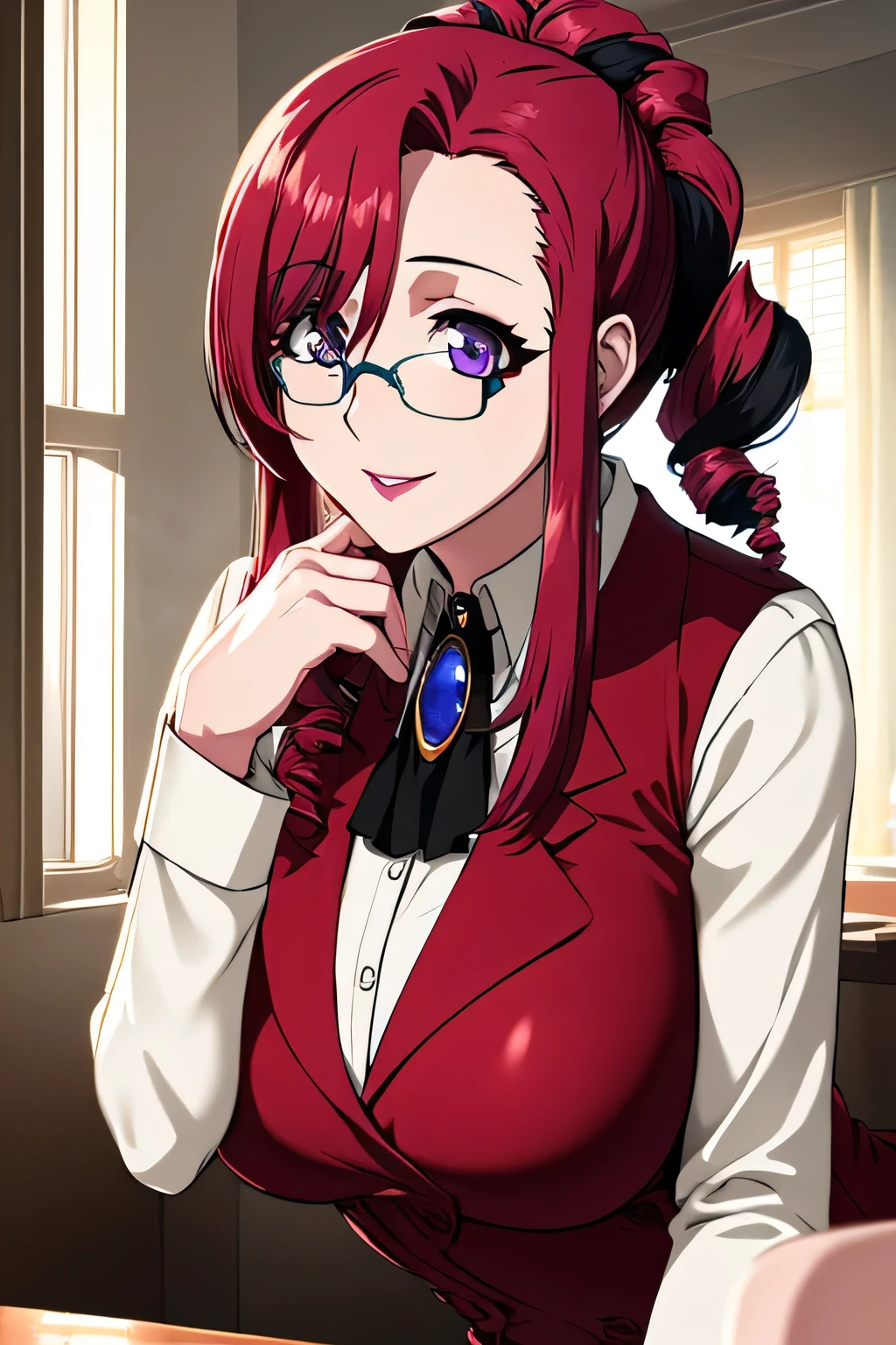 ((masutepiece, Best Quality, hight resolution, Perfect Pixel, )), Mizuho Kazami, teacher, purple eyes, smile, head rest, red hair, drill hair,  makeup, sidelocks, bangs, long hair, ponytail, brooch, jewelry, ascot, red vest, miniskirt, black_skirt, long sleeves, glasses, Marriage rings, parted lips, large breasts, curvy, mature female, smile, closed mouth, lips, detailed eyes, fine eyelashes, beautiful face, body, Tyndall effect, photorealistic, rim light, two-tone lighting, (Detailed Skin: 1.2), 8K Ultra HD, DSLR, Soft Lighting, Volumetric Lighting, Candid,  High Resolution, 8k, (NSFW), 