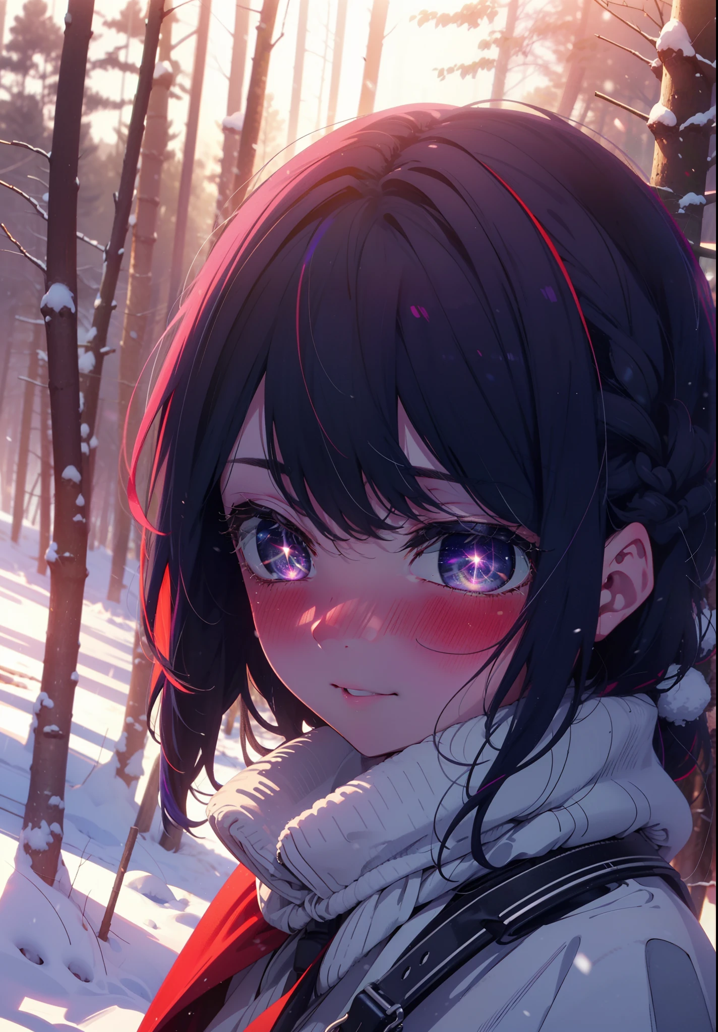 aihoshino, Ai Hoshino, Long Hair, bangs, (Purple eyes:1.1), Purple Hair, (Symbol-shaped pupil:1.5), smile,,smile,blush,White Breath,
Open your mouth,snow,Ground bonfire, Outdoor, boots, snowing, From the side, wood, suitcase, Cape, Blurred, , forest, White handbag, nature, Squat, Mouth closed, Cape, winter, Written boundary depth, Black shoes, red Cape break looking at viewer, Upper Body, whole body, break Outdoor, forest, nature, break (masterpiece:1.2), Highest quality, High resolution, unity 8k wallpaper, (shape:0.8), (Beautiful and beautiful eyes:1.6), Highly detailed face, Perfect lighting, Highly detailed CG, (Perfect hands, Perfect Anatomy),