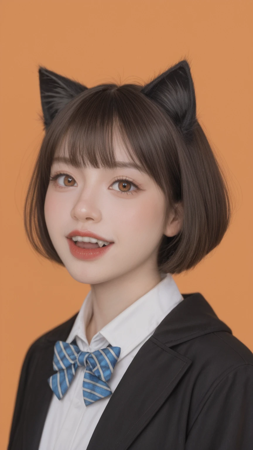  realistic,score_9, score_8_up, score_7_up, 
 1 girl, alone, Animal ears, bow, teeth, Jacket, Tail, open mouth, brown hair, orange background, bowtie, Orange nail, Simple background, cat ears, Orange Eyes, blue bow, animal ear hair, cat Tail, looking at the audience, Upper body, shirt, Uniforms, hood, striped bow, striped, white shirt, black Jacket, blue bowtie, nail, long sleeve, catwoman, bangs, Fangs, collared shirt, striped bowtie, short hair, Tongue, hoodie, sharp teeth, facial markings, Claw type,masterpiece, best quality,