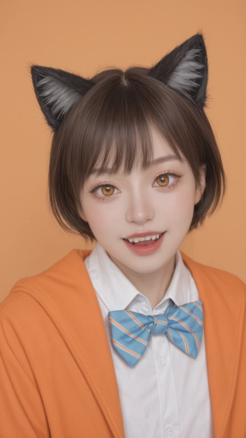  realistic,score_9, score_8_up, score_7_up, 
 1 girl, alone, Animal ears, bow, teeth, Jacket, Tail, open mouth, brown hair, orange background, bowtie, Orange nail, Simple background, cat ears, Orange Eyes, blue bow, animal ear hair, cat Tail, looking at the audience, Upper body, shirt, Uniforms, hood, striped bow, striped, white shirt, black Jacket, blue bowtie, nail, long sleeve, catwoman, bangs, Fangs, collared shirt, striped bowtie, short hair, Tongue, hoodie, sharp teeth, facial markings, Claw type,masterpiece, best quality,