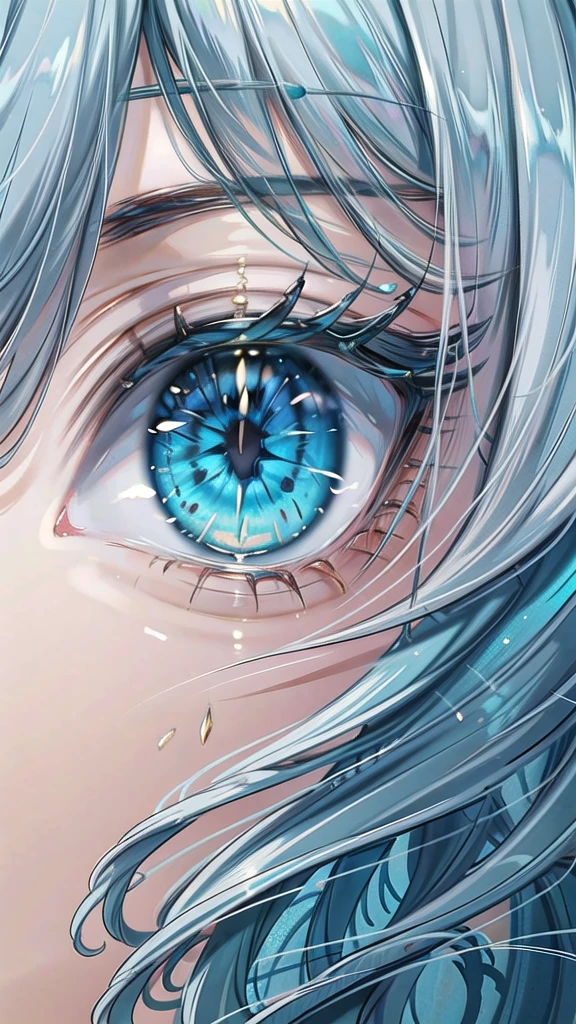 (masterpiece, best quality:1.4), A beautiful woman with long, ash hair that flows gracefully down her back. Her hair features striking inner highlights of vibrant turquoise, adding a touch of uniqueness and charm. The detailed rendering captures the shimmering silver and the bright, contrasting turquoise strands, creating a mesmerizing effect.(top quality eyes), ocean blue eyes that reflect the light, giving them a luminescent glow. Her eyes have a captivating depth, with a hint of gold around the pupil