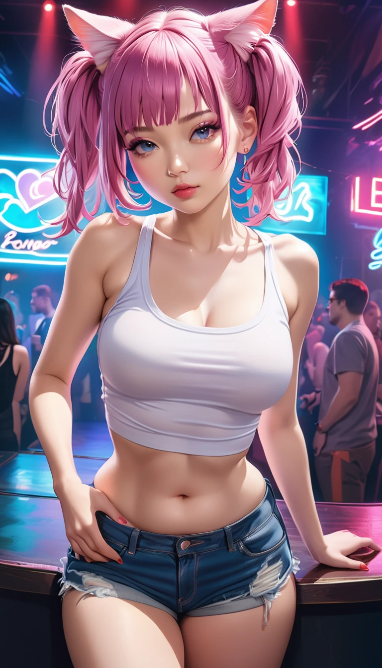 1girl, soft skin, pale skin, soft blush, red straight hair, twin tails, tank top, bare shoulders, high-waisted shorts, looking at viewer, cat ears, plump lips, beautiful blue eyes, realistic background, nightclub, neon lights, (best quality,4k,8k,highres,masterpiece:1.2),ultra-detailed,(realistic,photorealistic,photo-realistic:1.37),vibrant colors,dramatic lighting,intricate details