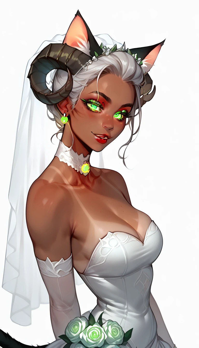 score_9, score_8_up, score_7_up, 1girl, solo, 
straight hair, glowing green eyes, curved ram horns, cat ears, cat tail, tanned skin, demoness, (cat:1.2),
monochromatic, eerie atmosphere, 
(wedding dress), seductive, stark white background