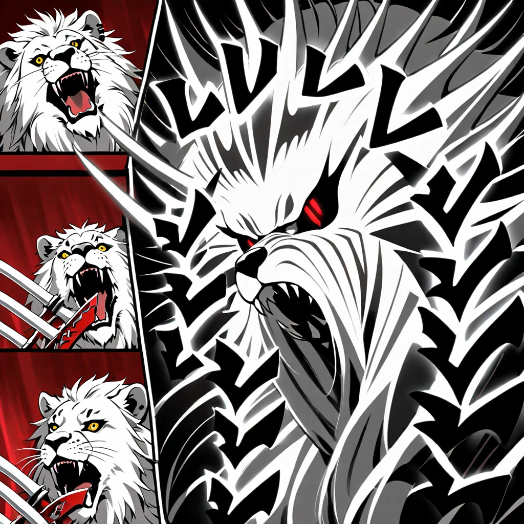 The face shows a beast, a lion-like creature, in red, black and white. Two swords pierce from inside her mouth and come out through her head. The beast displays a menacing look with crossed swords entering its mouth and piercing its head. two swords, two swords penetrating the creature.