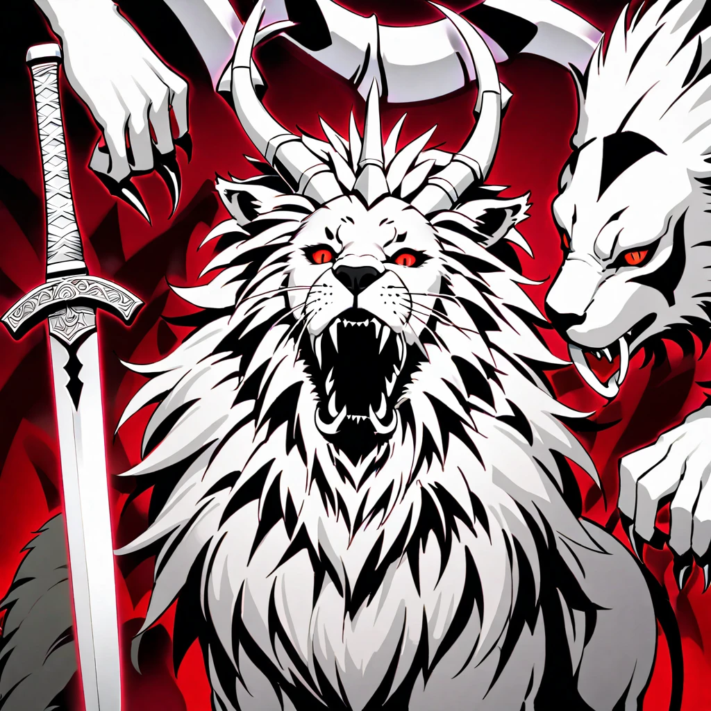 The face shows a beast, a lion-like creature, in red, black and white. Two swords pierce from inside her mouth and come out through her head. The beast displays a menacing look with crossed swords entering its mouth and piercing its head. two swords, two swords penetrating the creature.