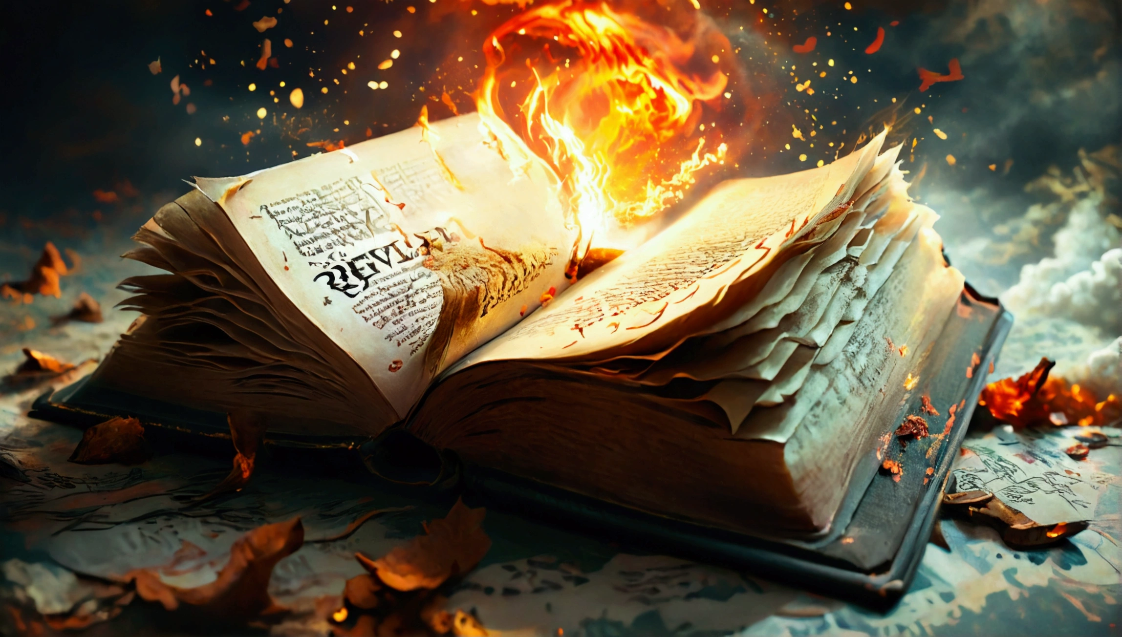 The book of revelation being half way opened and written over it as a title of the picture "The conclusion and the beginning of the book of Revelation"
