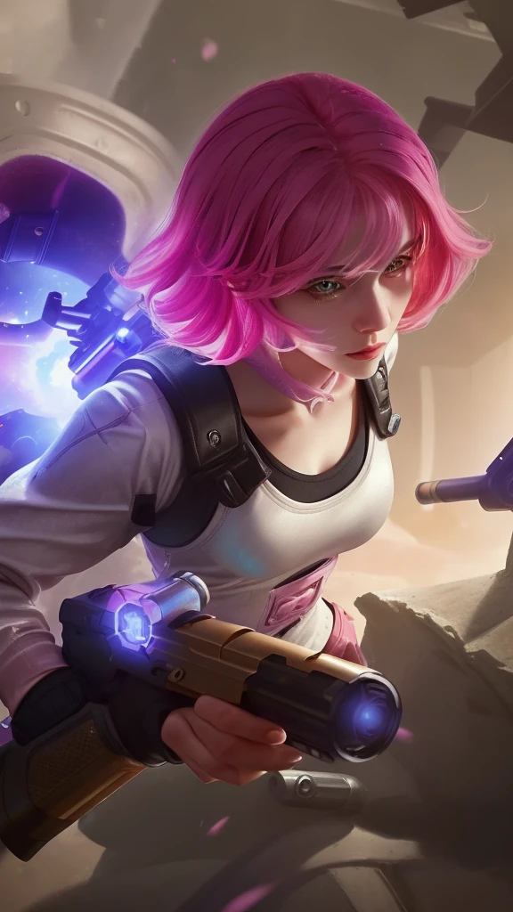 a close up of a woman with pink hair holding a gun, 8k, realistic