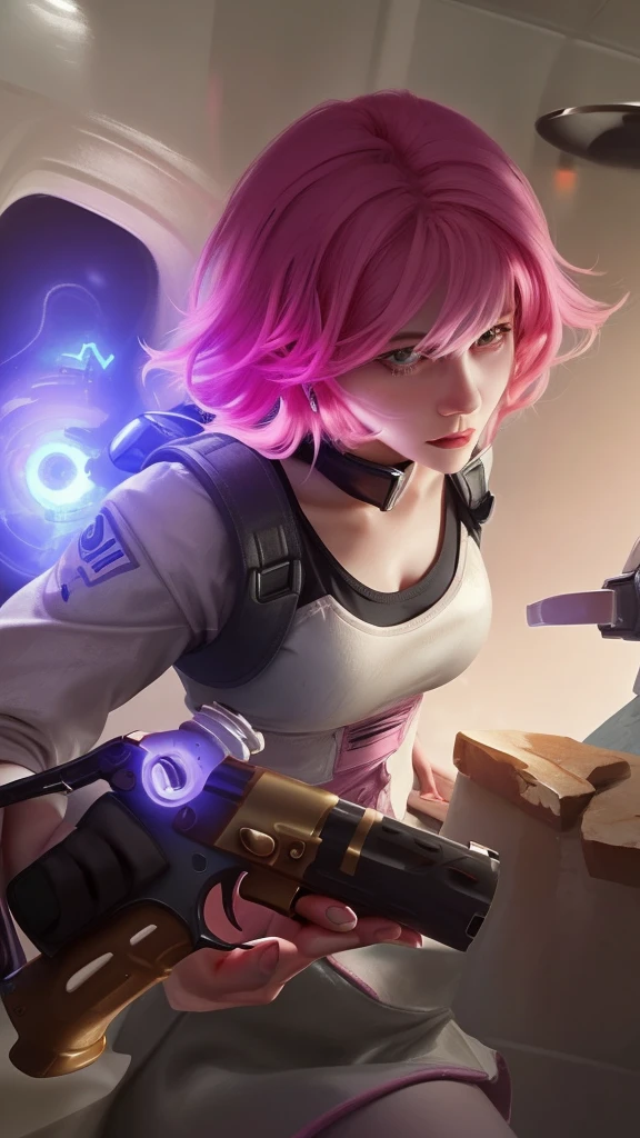 a close up of a woman with pink hair holding a gun, 8k, realistic