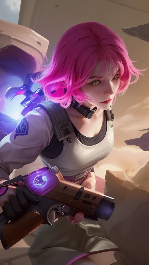a close up of a woman with pink hair holding a gun, 8k, realistic