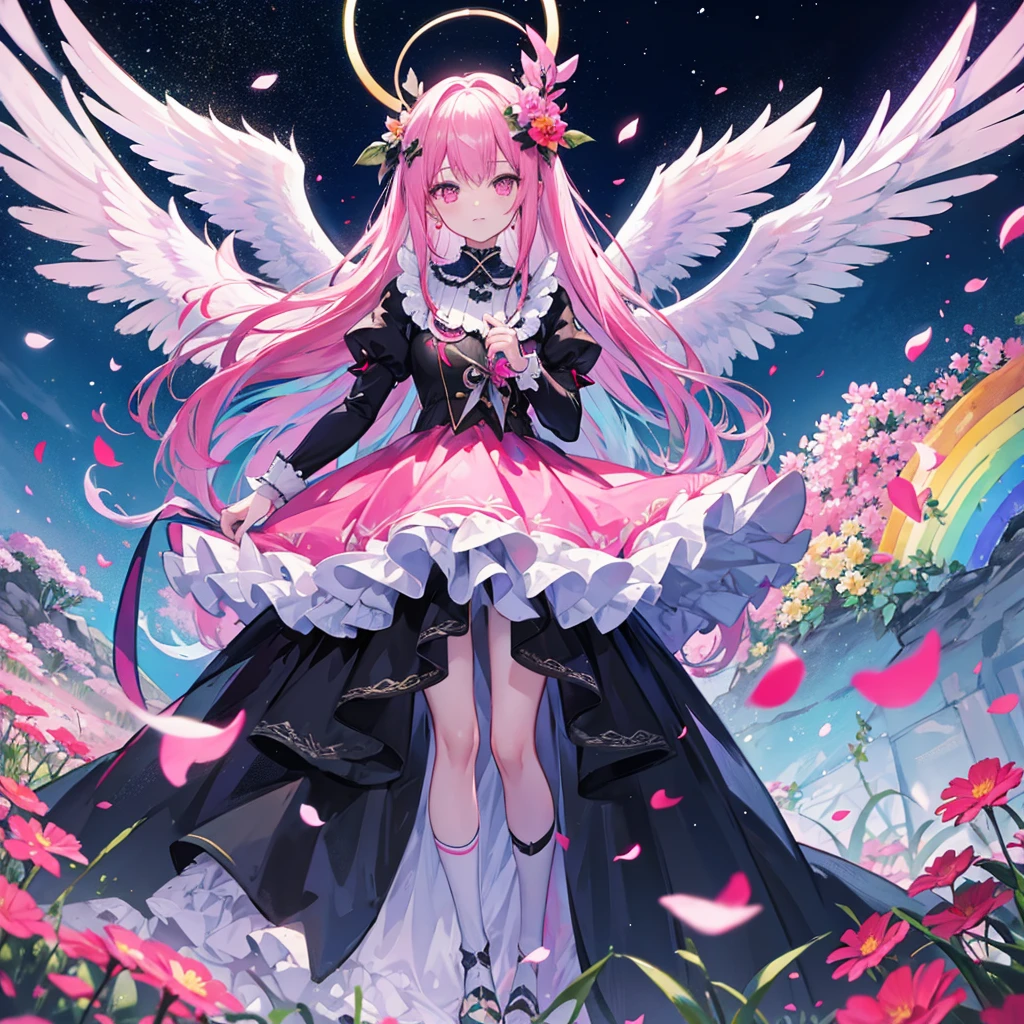 ((((Standing in a flower field))))　(((Long Hair　Pink Eyes　Pink Hair　Black Dress　Archangel)))　((night　満moon　Western style　Shining Aura　Face is close　Standing in a flower field　Close-up))　Broken glass　Big ribbon　moon　star　Catch the wind