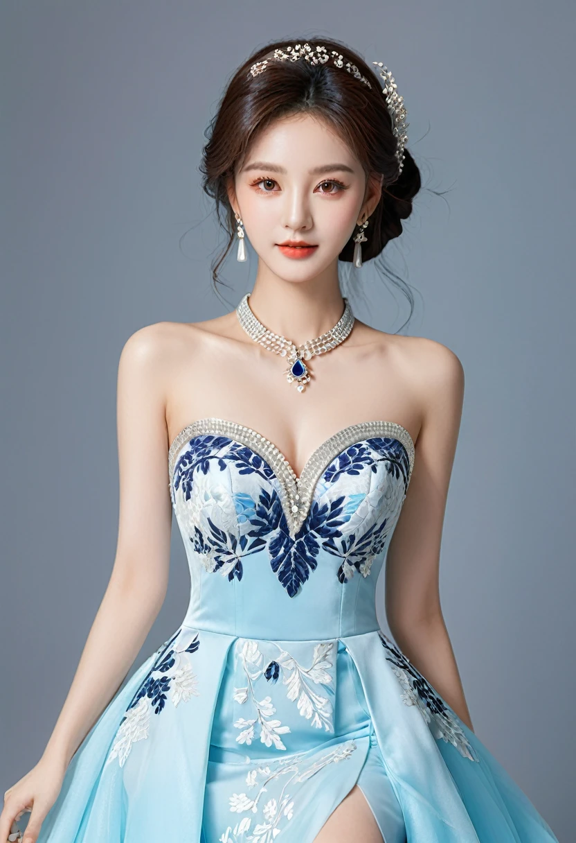 Realistic photo style, whole body 사진에 아름다운 아시아 소녀가 등장합니다., Wearing a unique ethnic style evening gown with delicate skin., bright and lively eyes, Thick eyelashes that look especially attractive. Long dresses are slim and elegant., Eye-catching silver jewelry and alcohol. The high-collar design adds an elegant atmosphere., Color of blue and white porcelain. using light and shadow, The vivid and harmonious appearance of the protagonist is highlighted... whole body, (masterpiece, best quality, professional, perfect composition, very aesthetic, absurd, very detailed, intricate details:1.3)