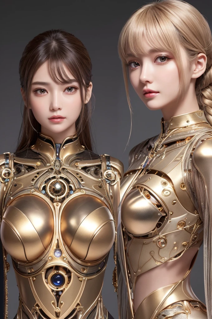 A fusion of delicate mechanical elements and elegant feminine features、Expressing hybrid beauty。    - Metallic Skin、Cable-like hair、Mechanical eyeballs etc.、Combining mechanical features with feminine curves。    - Elegant posture and facial expression、Soft textured clothing、Expressing femininity。    - The color palette contrasts cold metallic colors with warm flesh tones