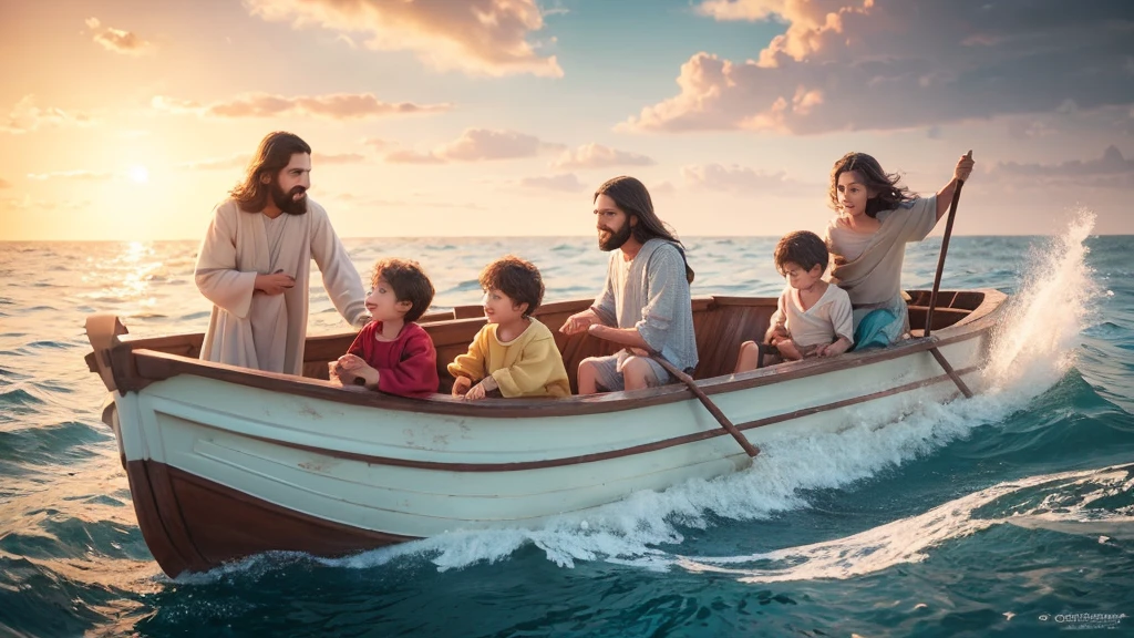 create an illustration of Jesus as a on a boat with 3 children in the rough sea, light colors, Disney pixar 3d appearance