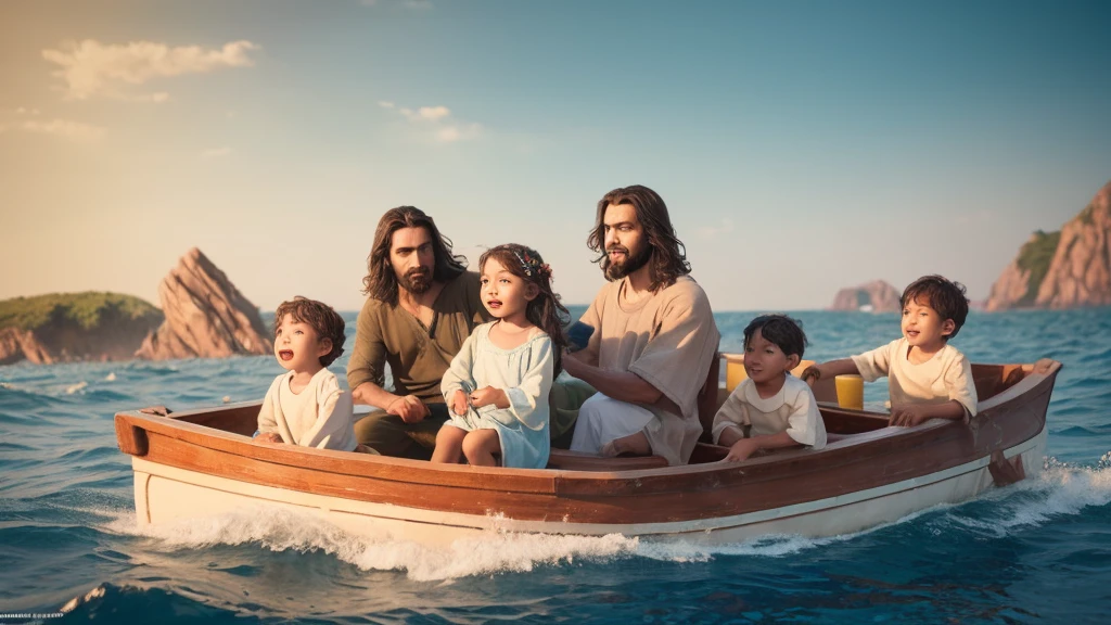 create an illustration of Jesus as a  on a boat with 3 children in the rough sea, light colors, Disney pixar 3d appearance