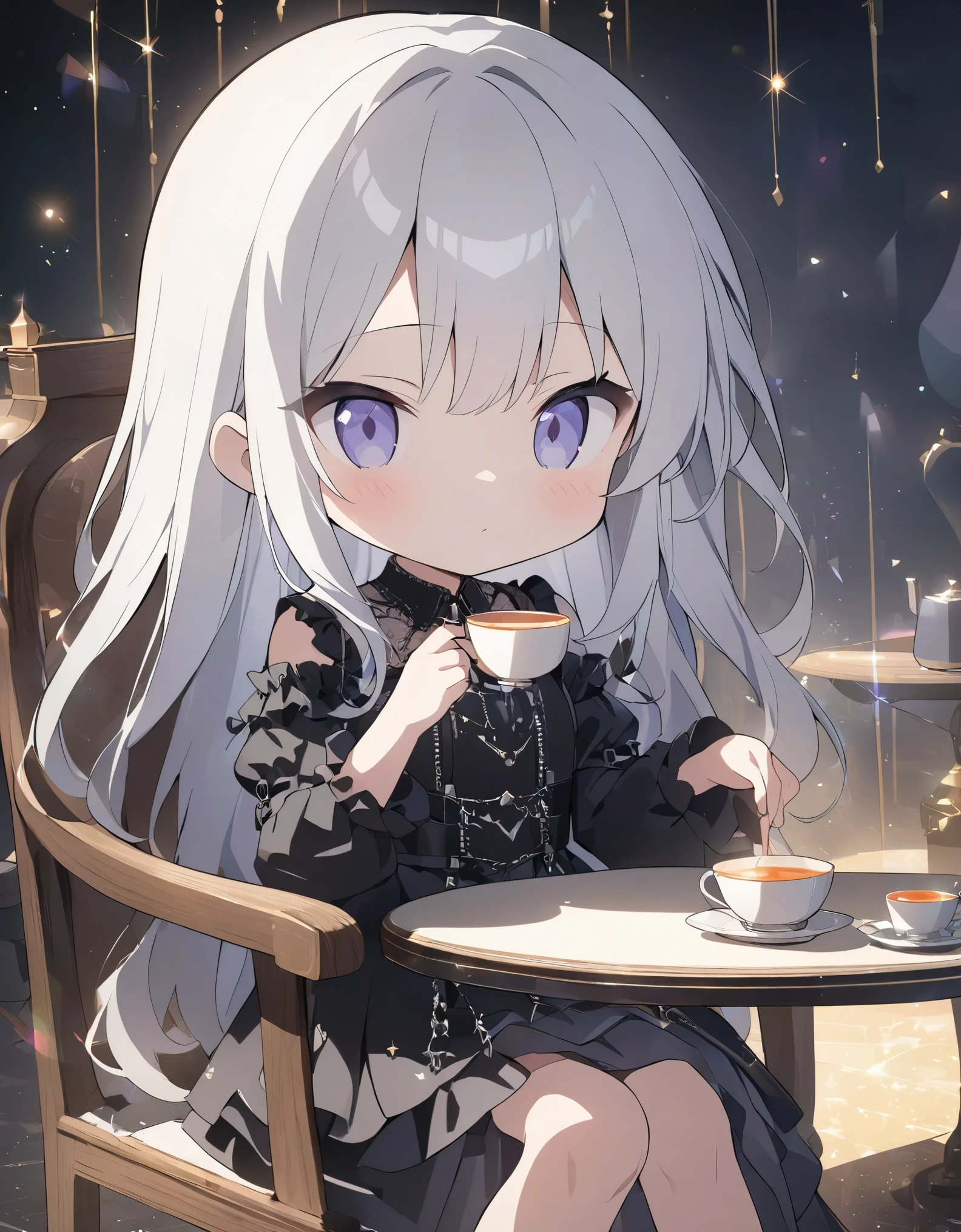 (anime style:1.4),超High resolution, Attention to detail, high quality, High resolution, 最high quality, 4K, 8K、Gothic dresses、Gothic room、Sitting in a chair drinking tea、Lady