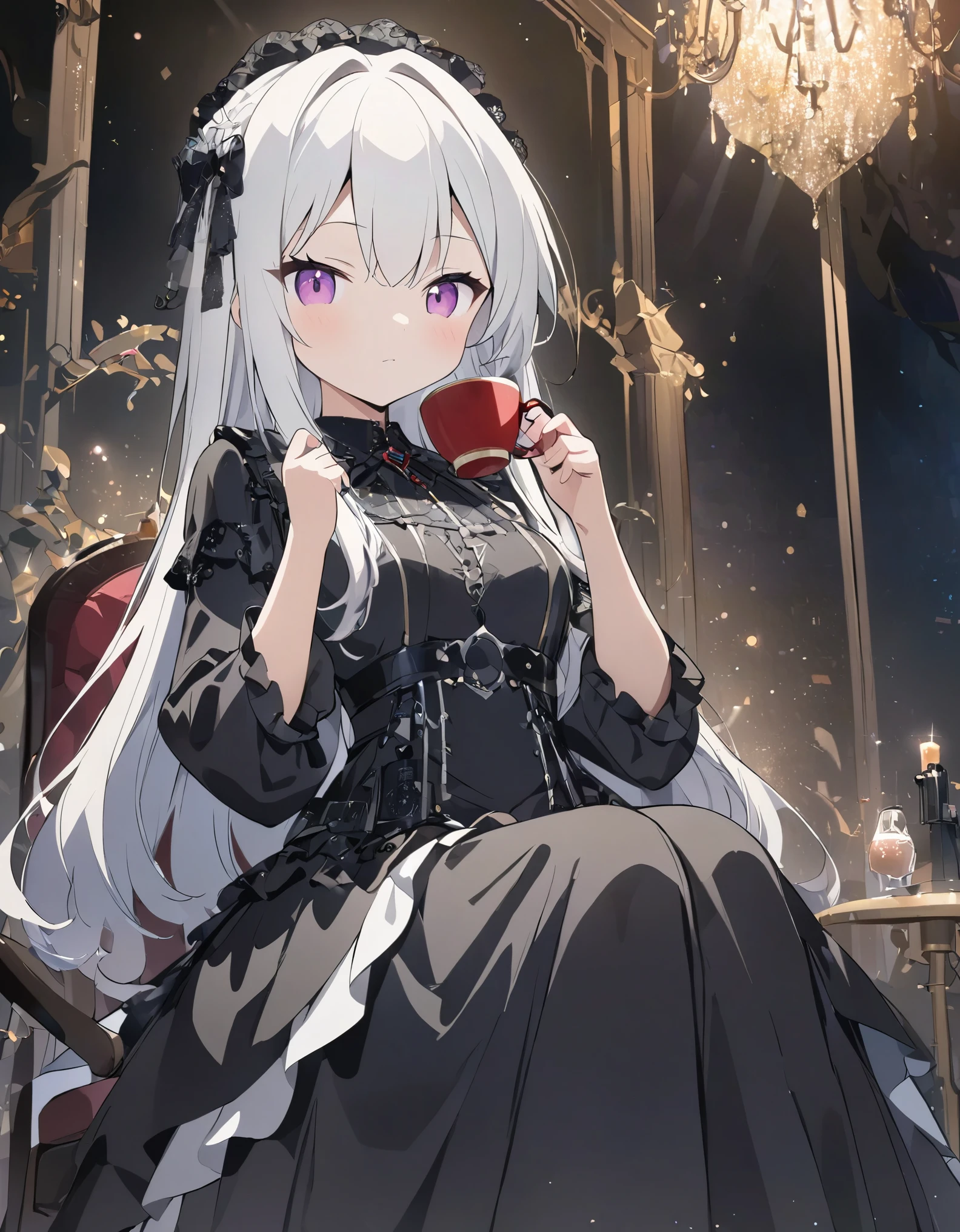 (anime style:1.4),超High resolution, Attention to detail, high quality, High resolution, 最high quality, 4K, 8K、Bokeh, background, glitter,f/28mm、A room filled with light、Gothic dresses、Gothic room、Sitting in a chair drinking tea、Lady