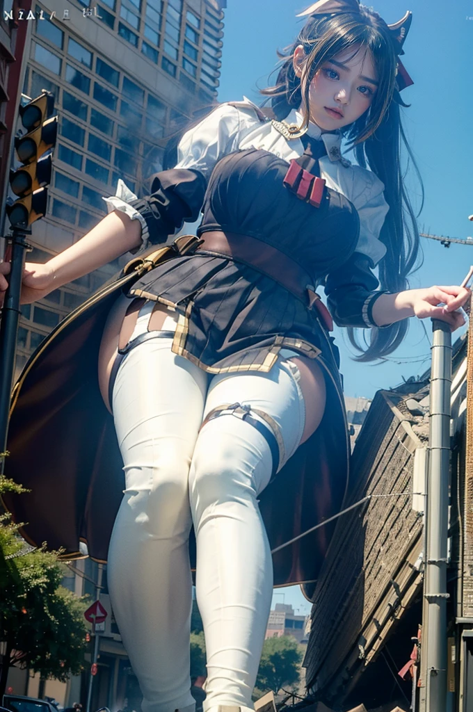 looking at the camera、The building collapses、Urban hustle and bustle、Traffic jam、City of Rubble、street tree、((((Azur Lane Cheshire Cosplay))))、Frilled maid outfit、(Super huge )、(Plump thighs)、Ground View,City of Giants,500 foot tall giant girl,skyscraper,Has super long legs,Step into the crowd,There are many people on the street,Knee-high socks,She has waist-length black hair,Wear Mary Jane heels,A happy look,Standing on the ruins,Beautiful appearance,Exquisite makeup,quality,8K,高quality,Perfect Proportions, Cinema Lighting,Film Grain,The Colors of Fuji,8K,Textured skin,Super Detail,High detail,high quality,High resolution,explode,False Smile,Show your pants