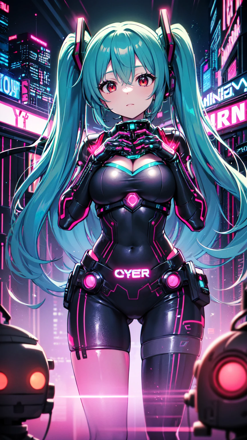 最high quality、Best image quality、masterpiece、Hatsune Miku Vocaloid、Big breasted android girl((18-year-old、red, Glowing black and blue cyber suit、Best Bust、Bust 90、Twin tails、red Eyes、Open your chest wide、valley、happiness、thin、Expressionless、))high quality、Beautiful art、background((Metro City、cyber punk、Nightclub、Cyber World))、Tabletop、Exquisite design、Visual Arts、