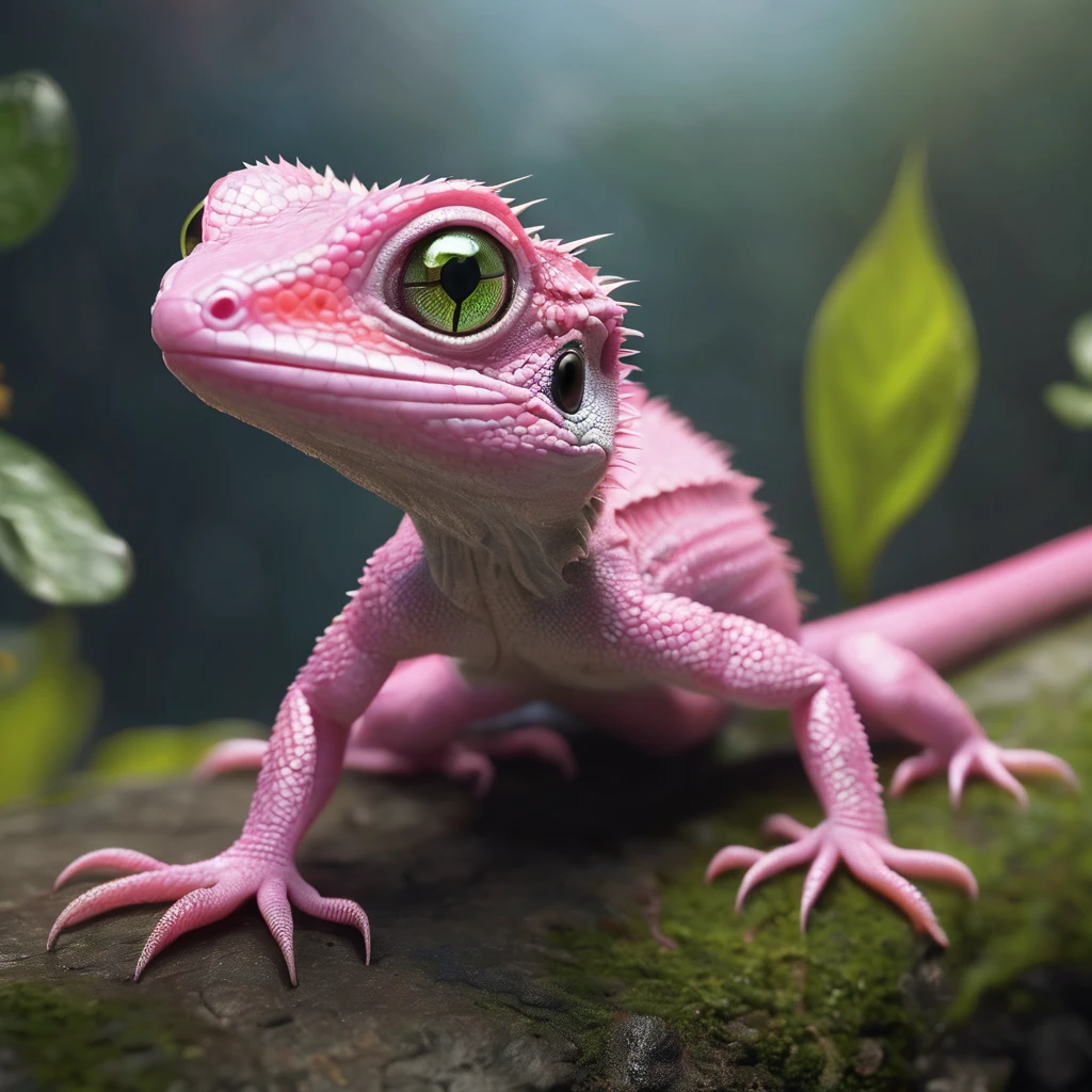 highly realistic cute and adorable baby lizard with a nice tail and a pink body, surreal hybrid animals, detailed reptile eyes, hyperrealistic fantasy art, hyperrealistic d & d fantasy art, hyper realistic fantasy monster, fantasy creature, ultra realistic 3d illustration, by Adam Marczyński, 3 d epic illustrations, hyperrealistic concept art, stunning photo real concept art, hyperrealistic 3d digital art, national geographic, professional photography, unreal engine, hdr, 8k