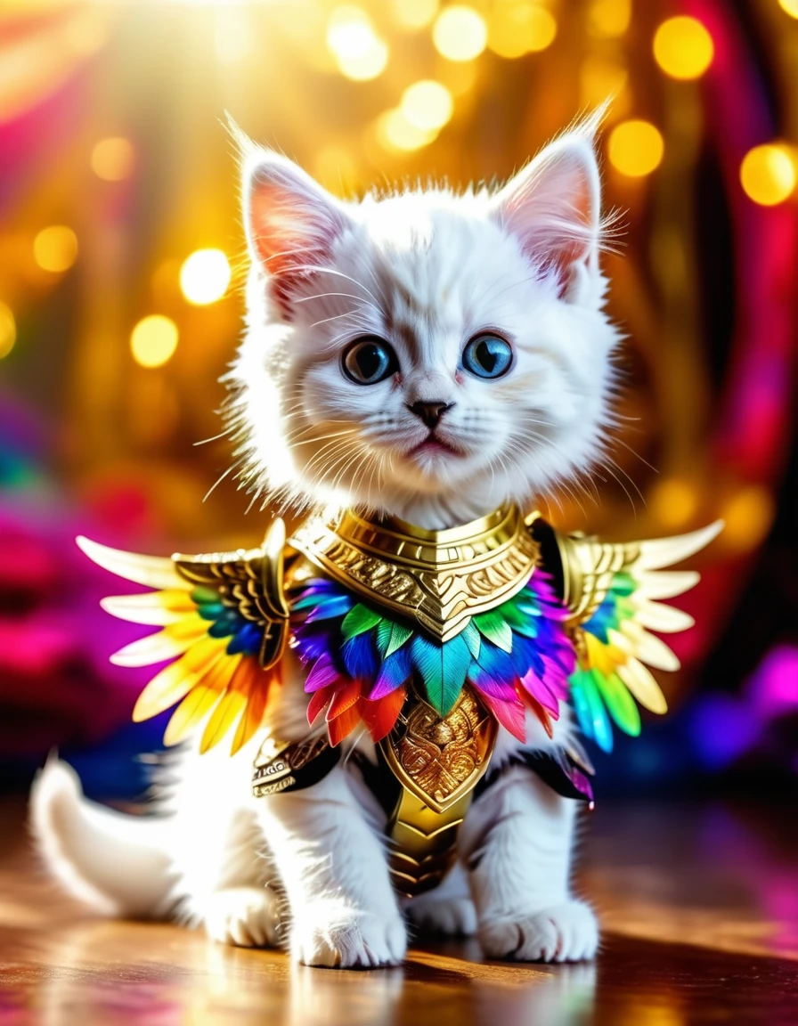 A kitten with white fur that sparkles with bright rainbow colors, wearing ancient warrior armor with very beautiful wings, beautiful Thai patterns decorated on the body, sparkling with beautiful gold, beautiful background view. Ultra8K resolution macro lens, realistic image
A kitten with white fur that sparkles with bright rainbow colors, wearing ancient warrior armor with very beautiful wings, beautiful Thai patterns decorated on the body, sparkling with beautiful gold, beautiful background view. Ultra8K resolution macro lens, realistic image